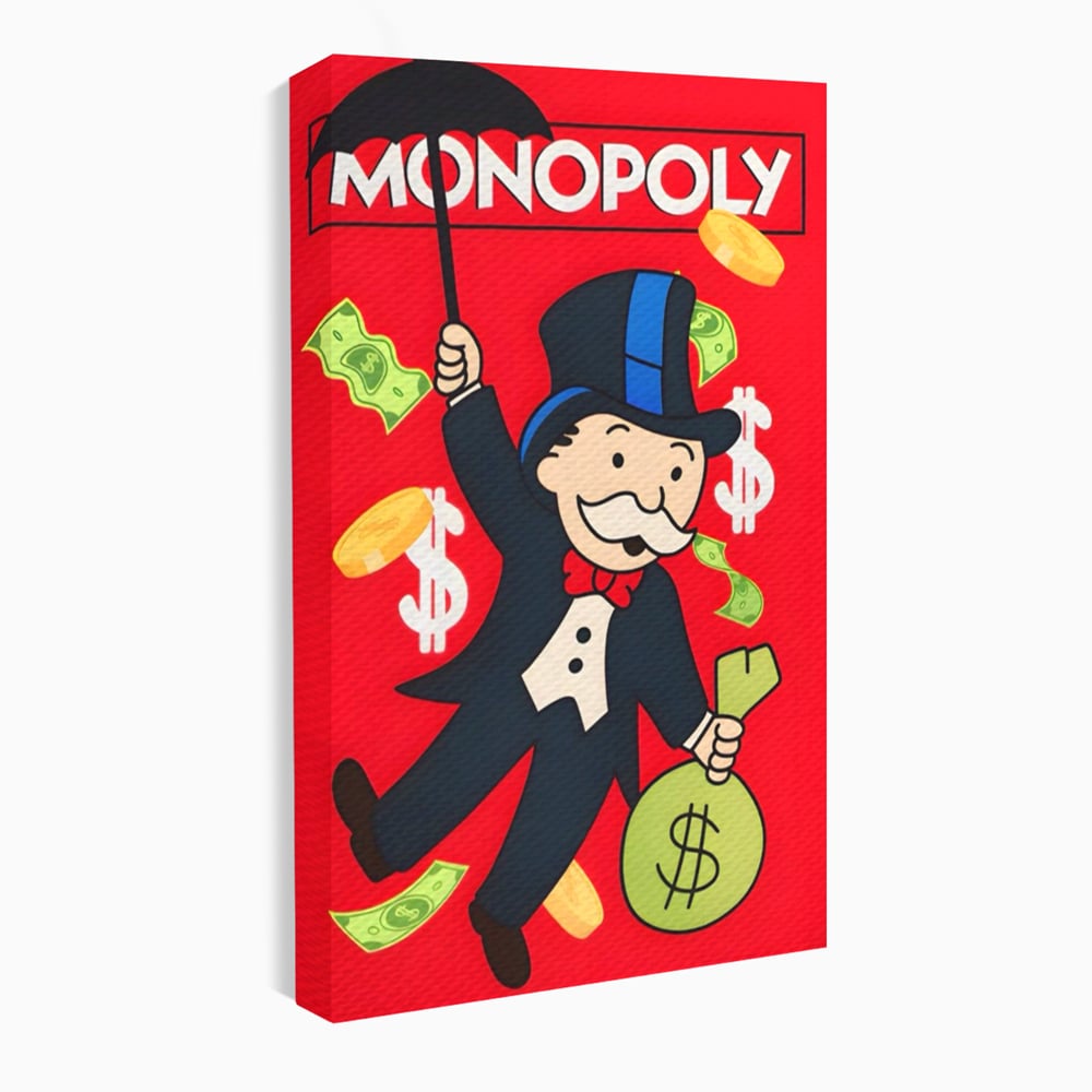 Tablou canvas cu tablou canvas cu domnul monopoly pe fond rosu, fara rama, pe sasiu de lemn